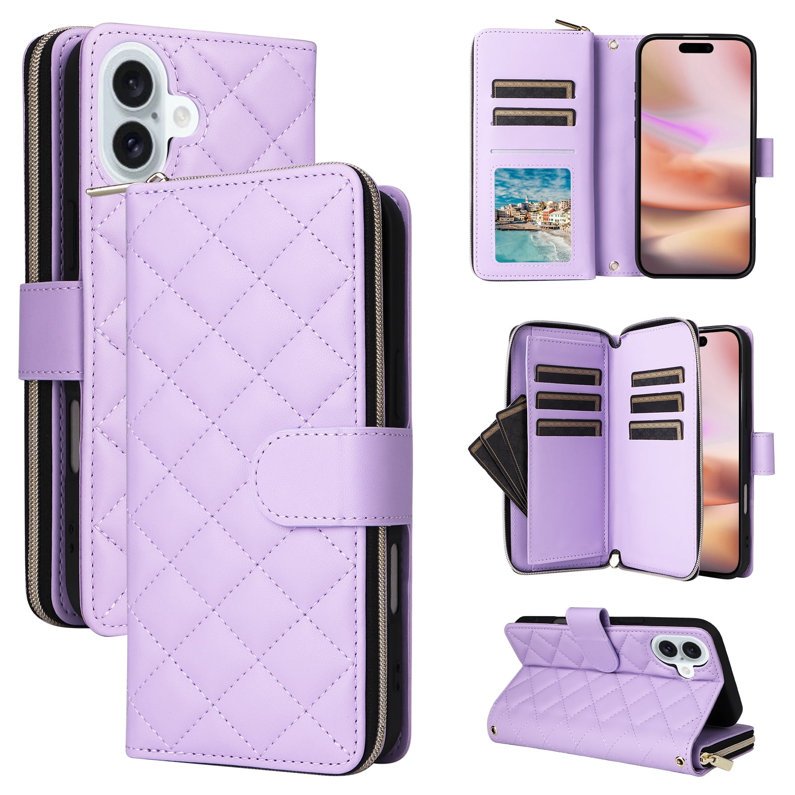 Allytechgroup Case for iPhone 16 with Credit Card Slot, Built-in Shoulder Strap Lanyard PU Leather Wallet Flip Stand Case Full Body Shockproof Protective for iPhone 16, Purple