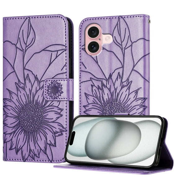 Allytechgroup Case for iPhone 16 with Credit Card Slot, PU Leather RFID Blocking Flip Wallet Phone Case Stand Shockproof Protective Back Cover for iPhone 16, Purple