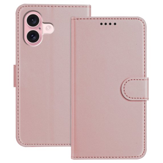Allytechgroup Case for iPhone 16 with Credit Card Slot, Slim Luxury PU Rugged Non-Slip Grip Shockproof Bumper Full Body Protective Cover Men Women Phone Case for iPhone 16, Rosegold
