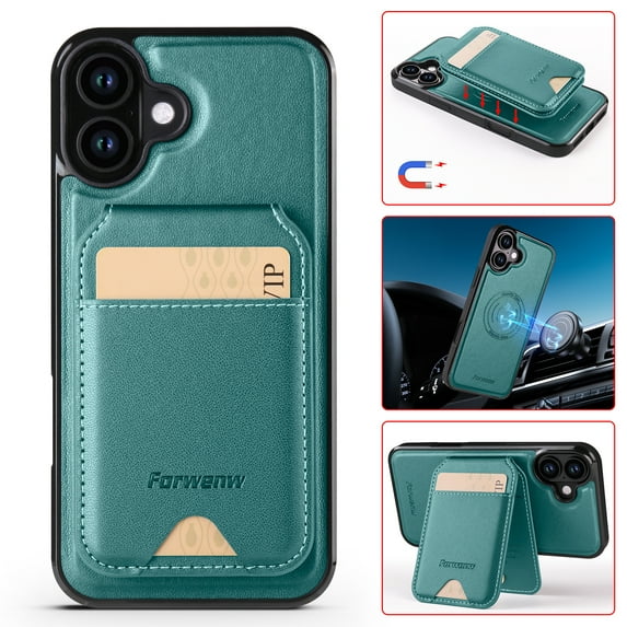Allytechgroup Case for iPhone 16 with Detachable Cards Holder, RFID Blocking 2 In 1 Wallet Case with Kickstand Shockproof Back Cover Shell for iPhone 16, Green