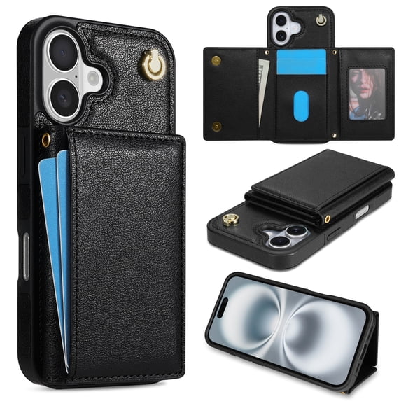 Allytechgroup Case for iPhone 16 for Girls Women, With Card Holder Detachable Shoulder Strap Premium PU Leather Design Stand Shockproof Protective Phone Case for iPhone 16, Black