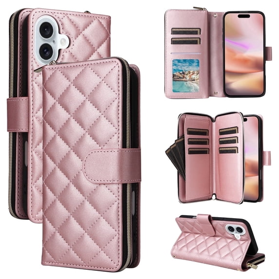 Allytechgroup Case for iPhone 16 Plus with Credit Card Slot, Built-in Shoulder Strap Lanyard PU Leather Wallet Flip Stand Case Full Body Shockproof Protective for iPhone 16 Plus, Rosegold