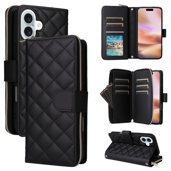 Allytechgroup Case for iPhone 16 Plus with Credit Card Slot, Built-in Shoulder Strap Lanyard PU Leather Wallet Flip Stand Case Full Body Shockproof Protective for iPhone 16 Plus, Black