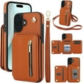 thumbnail image 1 of Allytechgroup Case for iPhone 16 Plus with Credit Card Slot, Built-in Shoulder Strap Stand PU Leather Wallet RFID Blocking Phone Case Shockproof Protective for iPhone 16 Plus, Brown, 1 of 8