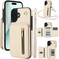 thumbnail image 1 of Allytechgroup Case for iPhone 16 Plus with Credit Card Slot, Built-in Shoulder Strap Stand PU Leather Wallet RFID Blocking Phone Case Shockproof Protective for iPhone 16 Plus, Apricot, 1 of 8