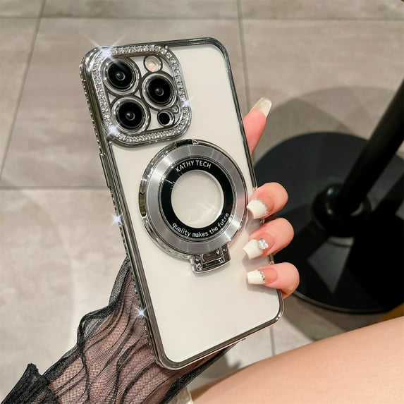 Allytechgroup Case for iPhone 16 Plus with Ring Holder, Bling Sparkly Diamond Rhinestones Support Wireless Charging Shockproof Magnetic Back Cover for iPhone 16 Plus Women Girls, Silver