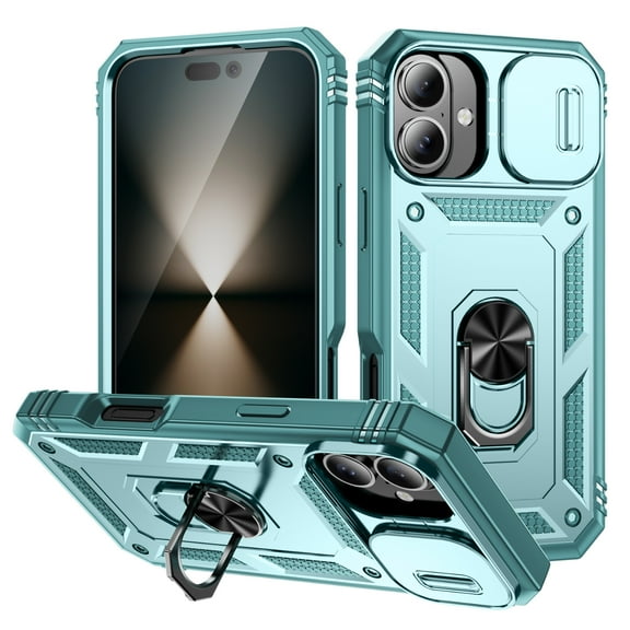 Allytechgroup Case For iPhone 16 Plus with Slide Camera Cover, [Include 1x Screen Protector] 360° Rotated Kickstand Military Grade Shockproof Protective Cover For iPhone 16 Plus, Green