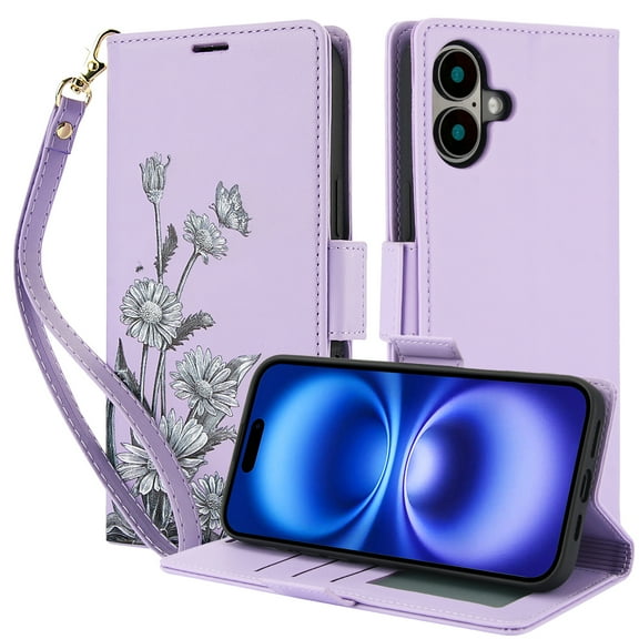 Allytechgroup Case for iPhone 16 Pro Max with Card Holder, RFID Blocking PU Leather Flip Stand Wallrt Case with Wrist Strap Slim Fit Shockproof Full Body Cover for iPhone 16 Pro Max, Purple