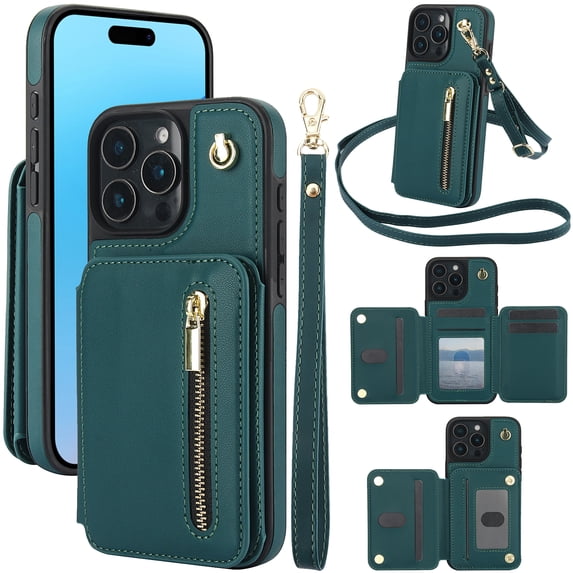 Allytechgroup Case for iPhone 16 Pro Max with Credit Card Slot, Built-in Shoulder Strap Stand PU Leather Wallet RFID Blocking Phone Case Shockproof Protective for iPhone 16 Pro Max, Green