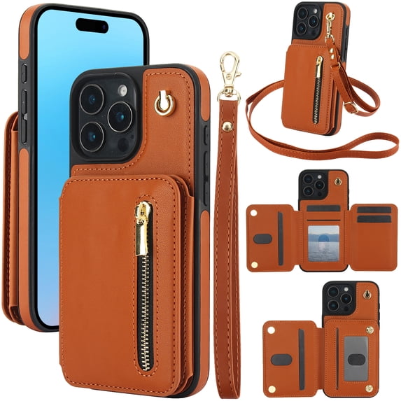 Allytechgroup Case for iPhone 16 Pro Max with Credit Card Slot, Built-in Shoulder Strap Stand PU Leather Wallet RFID Blocking Phone Case Shockproof Protective for iPhone 16 Pro Max, Brown
