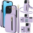 thumbnail image 1 of Allytechgroup Case for iPhone 16 Pro Max with Credit Card Slot, Built-in Shoulder Strap Stand PU Leather Wallet RFID Blocking Phone Case Shockproof Protective for iPhone 16 Pro Max, Lightpurple, 1 of 8