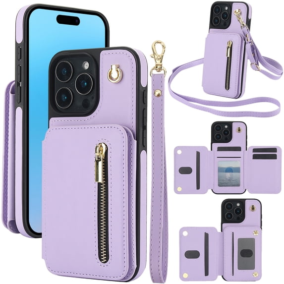 Allytechgroup Case for iPhone 16 Pro Max with Credit Card Slot, Built-in Shoulder Strap Stand PU Leather Wallet RFID Blocking Phone Case Shockproof Protective for iPhone 16 Pro Max, Lightpurple