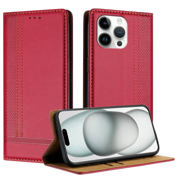 Allytechgroup Case for iPhone 16 Pro, PU Leather Flip Wallet Phone Case RFID Blocking Built-in Credit Card Slot Shockproof Protective Back Cover for iPhone 16 Pro, Red