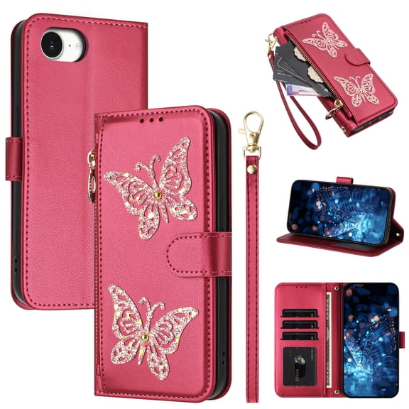 Allytechgroup Case for iPhone 16e/17e with Card Holder & Wrist Strap, Slim Lightweight PU Leather Flip Wallet Case Non-Slip Shockproof Protective Back Cover for Women Men, Rose