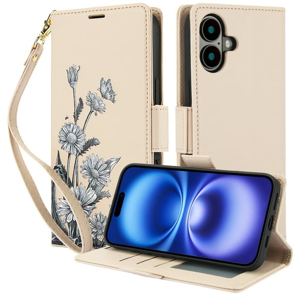 Allytechgroup Case for iPhone 16e with Card Holder, RFID Blocking PU Leather Flip Stand Wallrt Case with Wrist Strap Slim Fit Shockproof Full Body Cover for iPhone 16e, Apricot