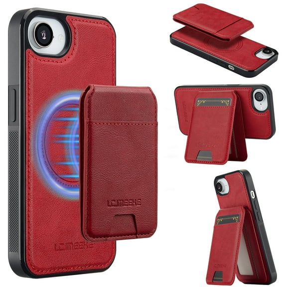 Allytechgroup Case for iPhone 16e, PU Leather 2 In 1 Wallet Stand Case with Detachable Card Holder Support Wireless Charging Shockproof Magnetic Back Cover for iPhone 16e, Red