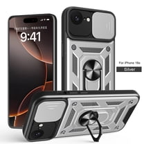 Allytechgroup Case for iPhone 16e,  Slim Phone Case with Slide Lens Cover, [Rotated Ring Kickstand] Heavy Duty [Military Grade Protection] Silicone Shockproof Rugged Case for Women Men, Silver