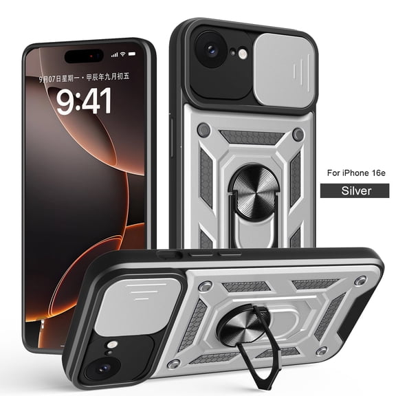 Allytechgroup Case for iPhone 16e,  Slim Phone Case with Slide Lens Cover, [Rotated Ring Kickstand] Heavy Duty [Military Grade Protection] Silicone Shockproof Rugged Case for Women Men, Silver