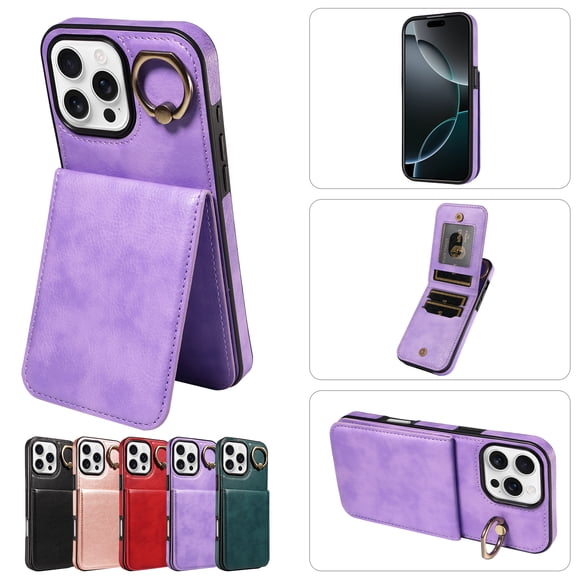 Allytechgroup Case for iPhone 17 Pro, 360 Degree Rotating Finger Ring Holder Slim Magnetic PU Leather Wallet Case with Card Holder & Kickstand Shockproof Cover, Purple
