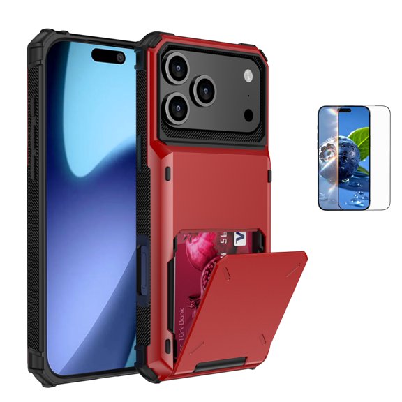Allytechgroup Case for iPhone 17 Pro with Card Holder, Slim Lightweight Hard PC Rugged Non-Slip Anti-Fingerprint Shockproof Protective Back Cover Bumper for iPhone 17 Pro, Red