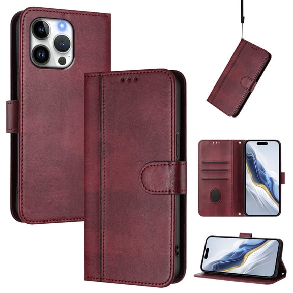 Allytechgroup Case for iPhone 17 Pro with Credit Card Slot, RFID Blocking PU Leather Flip Wallet Stand Phone Case with Lanyard Shockproof and Anti-Scratch Cover for iPhone 17 Pro, Winered