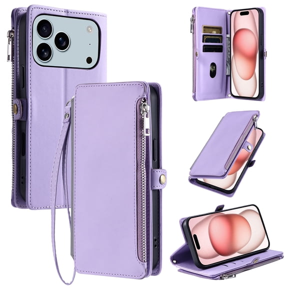 Allytechgroup Case for iPhone 17 Pro, Crossbody Strap Cell Phone Bag PU Leather RFID Blocking Cards Slots Zipper Pocket Hand Wrist Protective Stand Lightweight for iPhone 17 Pro, Purple