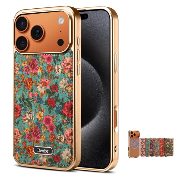 Allytechgroup Case for iPhone 17 Pro Max, Magnetic Cover Compatible with Magsafe PU Leather Luxury Electroplated Soft TPU Frame Shockproof Floral Pattern Case, Blue