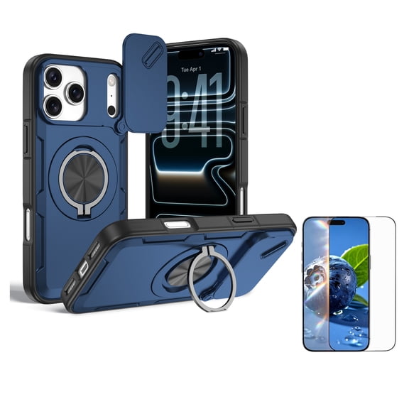 Allytechgroup Case for iPhone 17 Pro Max with Ring Holder Kickstand, Built-in Slide Camera Cover Support Wireless Charging Slim Fit Hard PC Rugged Shockproof Protective Bumper, Darkblue