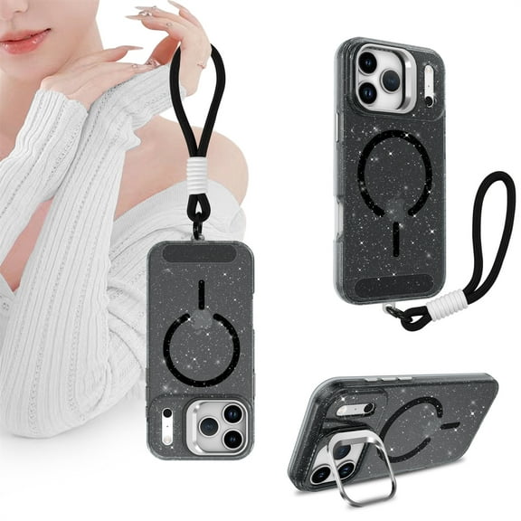 Allytechgroup Case for iPhone Air, Compatible with Mag-safe Bling Sparkly Phone Shell with Camera Lens Kickstand & Wrist Strap Shockproof Magentic Back Cover for iPhone Air, Black