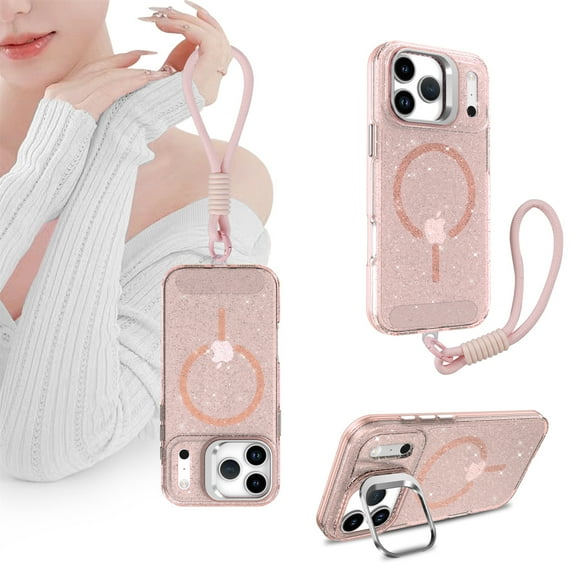 Allytechgroup Case for iPhone Air, Compatible with Mag-safe Bling Sparkly Phone Shell with Camera Lens Kickstand & Wrist Strap Shockproof Magentic Back Cover for iPhone Air, Pink
