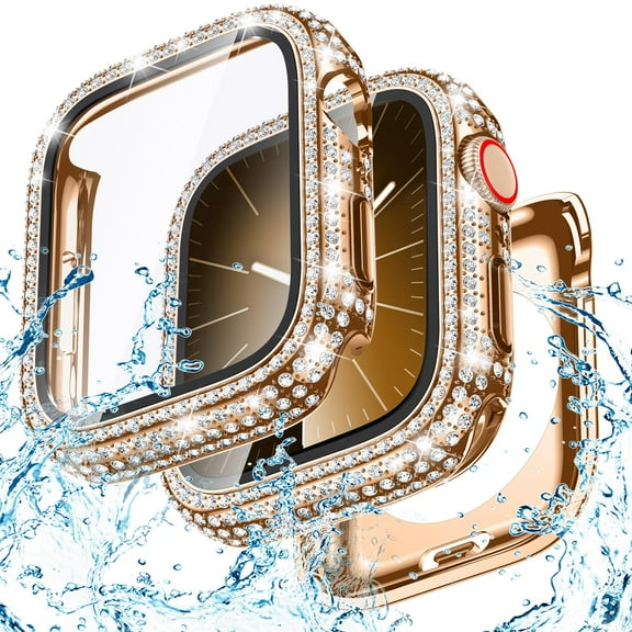 Allytechgroup Case for iWatch Series 9/8/7 41mm with Screen Protection, Bling Sparkly Diamond Rhinestones Compatible with MagSafe Shockproof Full Body Cover for Women Girls, Rosegold