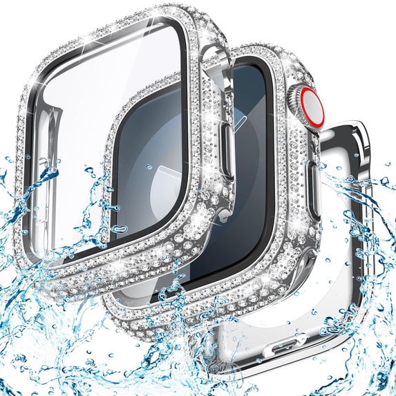 Allytechgroup Case for iWatch Series 9/8/7 45mm with Screen Protection, Bling Sparkly Diamond Rhinestones Compatible with MagSafe Shockproof Full Body Cover for Women Girls, Silver