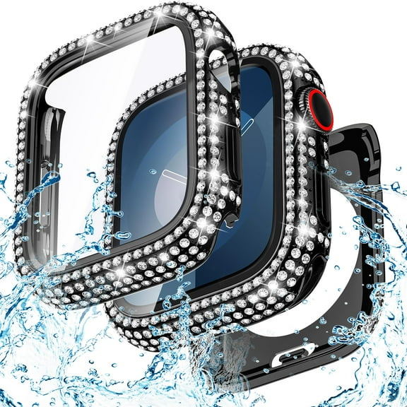 Allytechgroup Case for iWatch Series 9/8/7 45mm with Screen Protection, Bling Sparkly Diamond Rhinestones Compatible with MagSafe Shockproof Full Body Cover for Women Girls, Black