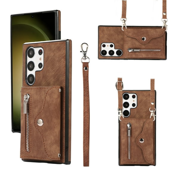 Allytechgroup Cell Phone Bag Case for Galaxy A16 5G, Crossbody Strap Lanyard Cards Holder Shockproof Zipper Pocket Wallet Case Cover for Samsung Galaxy A16 5G, Brown