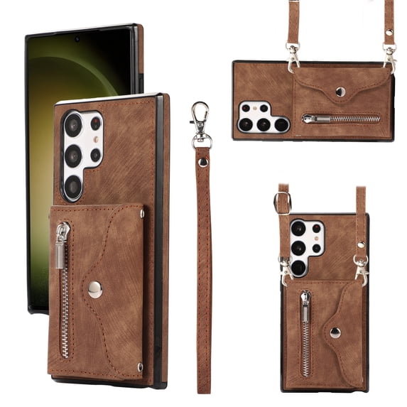 Allytechgroup Cell Phone Bag Case for Galaxy S22 Ultra, Crossbody Strap Lanyard Cards Holder Shockproof Zipper Pocket Wallet Case Cover for Samsung Galaxy S22 Ultra, Brown