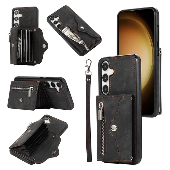 Allytechgroup Cell Phone Bag Case for Galaxy S23, Crossbody Strap Lanyard Cards Holder Shockproof Zipper Pocket Wallet Case Cover for Samsung Galaxy S23, Black