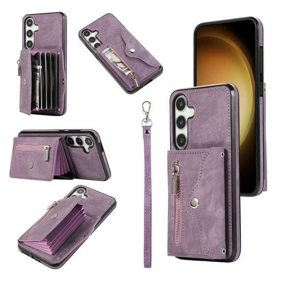 Allytechgroup Cell Phone Bag Case for Galaxy S24, Crossbody Strap Lanyard Cards Holder Shockproof Zipper Pocket Wallet Case Cover for Samsung Galaxy S24, Purple