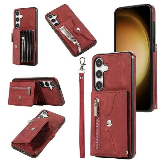 Allytechgroup Cell Phone Bag Case for Galaxy S24 Plus, Crossbody Strap Lanyard Cards Holder Shockproof Zipper Pocket Wallet Case Cover for Samsung Galaxy S24 Plus, Red