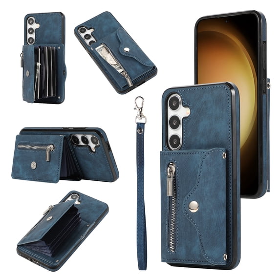 Allytechgroup Cell Phone Bag Case for Galaxy S24 Plus, Crossbody Strap Lanyard Cards Holder Shockproof Zipper Pocket Wallet Case Cover for Samsung Galaxy S24 Plus, Blue
