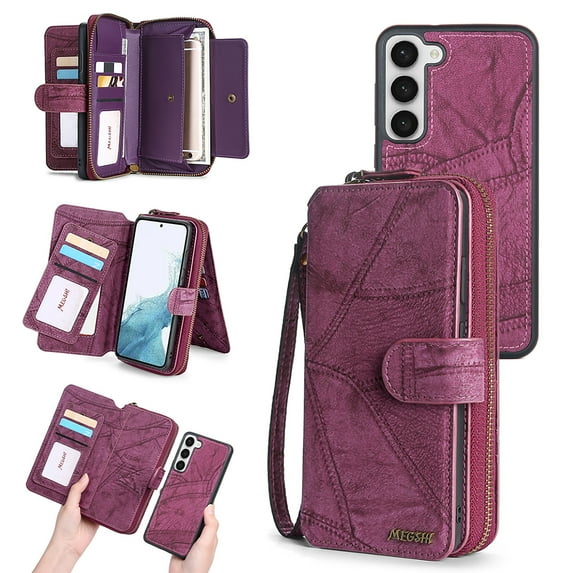 Allytechgroup Cell Phone Bag Case for Samsung Galaxy S21 FE, 2 In 1 Wallet Case Detachable Back Cover Zipper Pocket Hand Wrist Shockproof Large Space Cards Holder Purse Case for Galaxy S21 FE, Winered