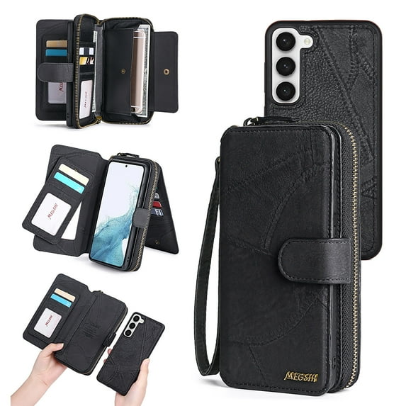 Allytechgroup Cell Phone Bag Case for Samsung Galaxy S22, 2 In 1 Wallet Case Detachable Back Cover Zipper Pocket Hand Wrist Shockproof Large Space Cards Holder Purse Case for Galaxy S22, Black
