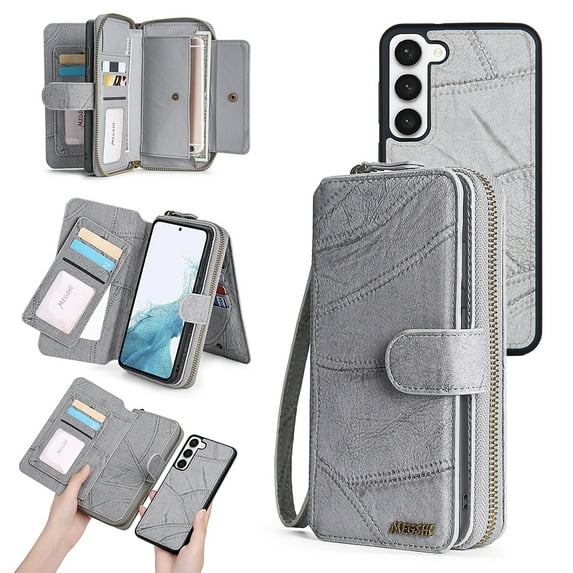 Allytechgroup Cell Phone Bag Case for Samsung Galaxy S23, 2 In 1 Wallet Case Detachable Back Cover Zipper Pocket Hand Wrist Shockproof Large Space Cards Holder Purse Case for Galaxy S23, Gray