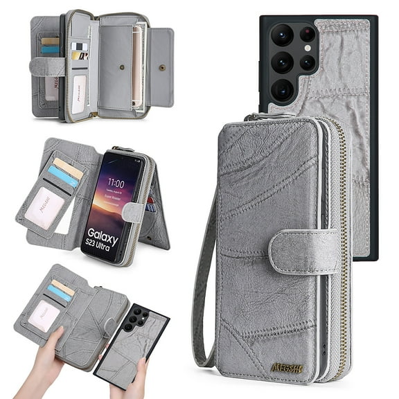 Allytechgroup Cell Phone Bag Case for Samsung Galaxy S24 Ultra, 2 In 1 Wallet Detachable Back Cover Zipper Pocket Hand Wrist Shockproof Large Space Cards Holder Purse Case for Galaxy S24 Ultra, Gray