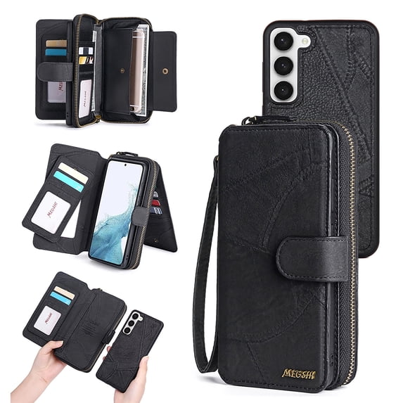 Allytechgroup Cell Phone Bag Case for Samsung Galaxy S25+, 2 In 1 Wallet Case Detachable Back Cover Zipper Pocket Hand Wrist Shockproof Large Space Cards Holder Purse Case for Galaxy S25 Plus, Black