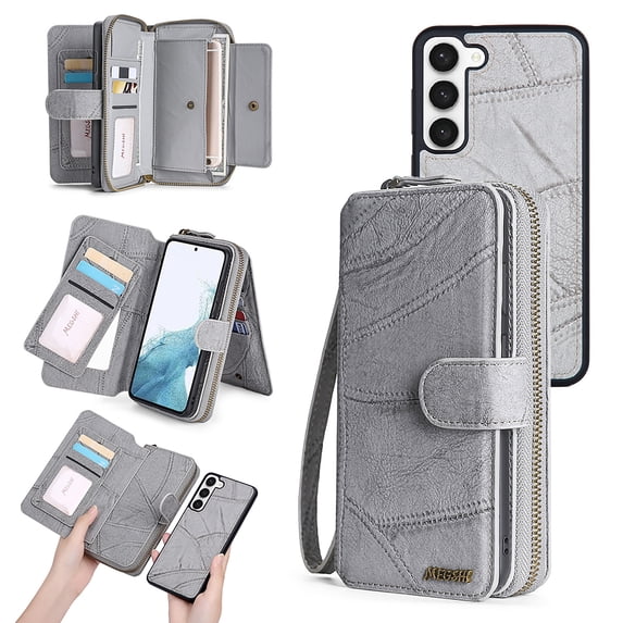 Allytechgroup Cell Phone Bag Case for Samsung Galaxy S25+, 2 In 1 Wallet Case Detachable Back Cover Zipper Pocket Hand Wrist Shockproof Large Space Cards Holder Purse Case for Galaxy S25 Plus, Gray