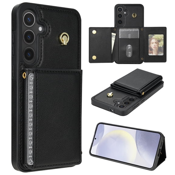 Allytechgroup Chic Case for Samsung Galaxy A15 for Girls Women, With Card Holder Detachable Shoulder Strap Premium PU Leather Design Stand Shockproof Protective Phone Wallet Case, Black