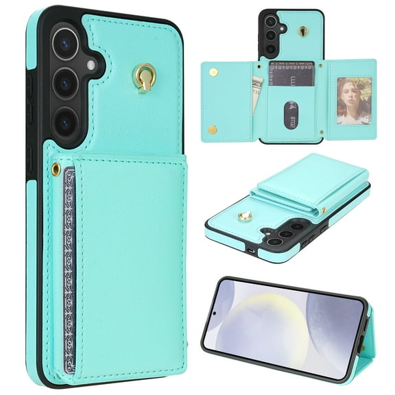 Allytechgroup Chic Case for Samsung Galaxy S22 for Girls Women, With Card Holder Detachable Shoulder Strap Premium PU Leather Design Stand Shockproof Protective Phone Wallet Case, Mint