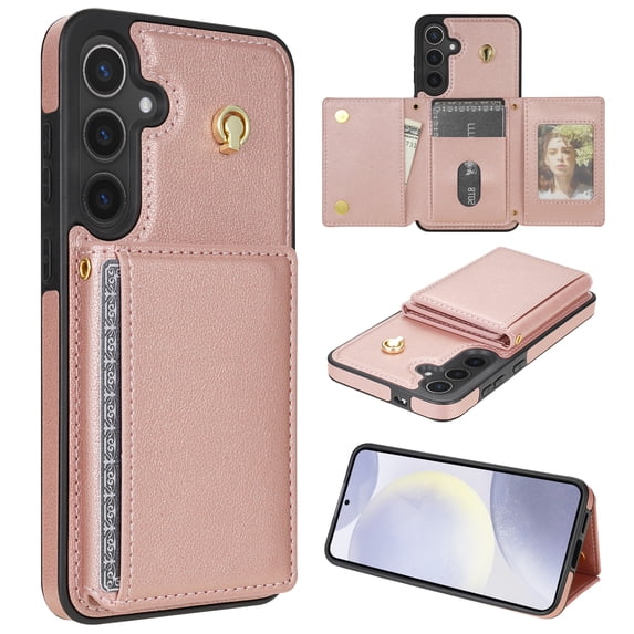 Allytechgroup Chic Case for Samsung Galaxy S23 for Girls Women, With Card Holder Detachable Shoulder Strap Premium PU Leather Design Stand Shockproof Protective Phone Wallet Case, Rosegold