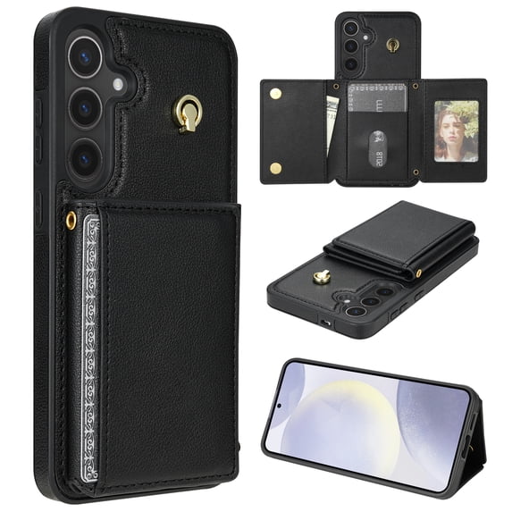 Allytechgroup Chic Case for Samsung Galaxy S23 for Girls Women, With Card Holder Detachable Shoulder Strap Premium PU Leather Design Stand Shockproof Protective Phone Wallet Case, Black