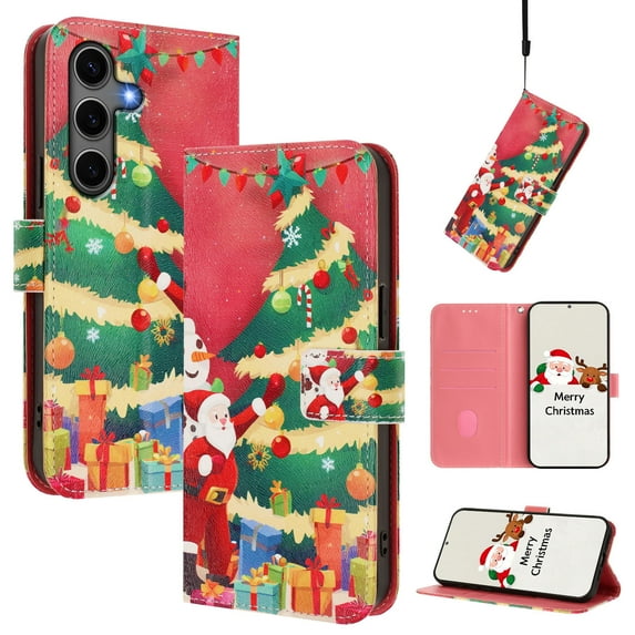 Allytechgroup Christmas Series Case for Samsung Galaxy S25 FE, Stylish Pattern PU Leather TPU Interior Flip Wallet Cards Slots Cash Pocket Hand Wrist Shockproof Phone Cover for Women Men